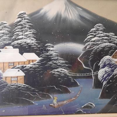 Antique Silk framed painting - framed Woodblock print and Hokusai and Hiroshige Hard back book