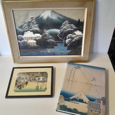 Antique Silk framed painting - framed Woodblock print and Hokusai and Hiroshige Hard back book