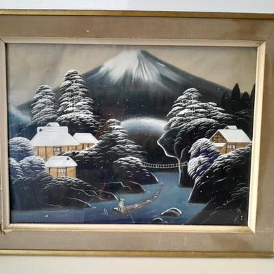 Antique Silk framed painting - framed Woodblock print and Hokusai and Hiroshige Hard back book