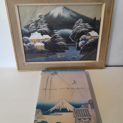 Antique Silk framed painting - framed Woodblock print and Hokusai and Hiroshige Hard back book
