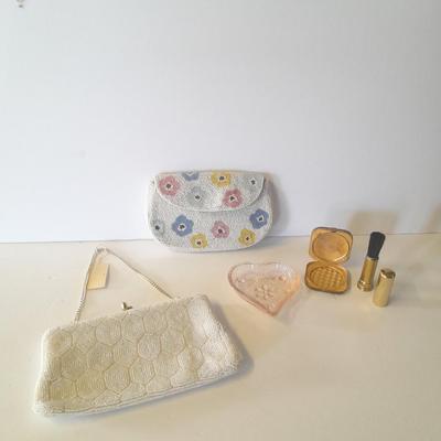 Japanese beaded purses with makeup compacts and pink depression glass heart dish