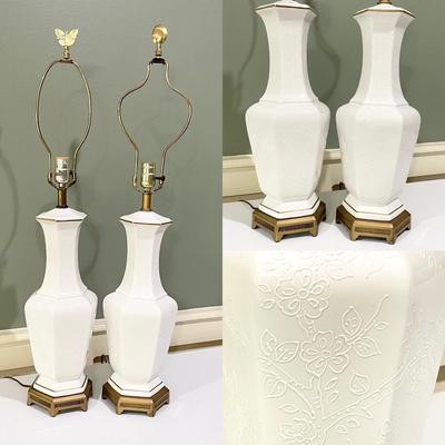 Pair (2) ~ Porcelain Gold Trim Embossed 3-Way Lamps