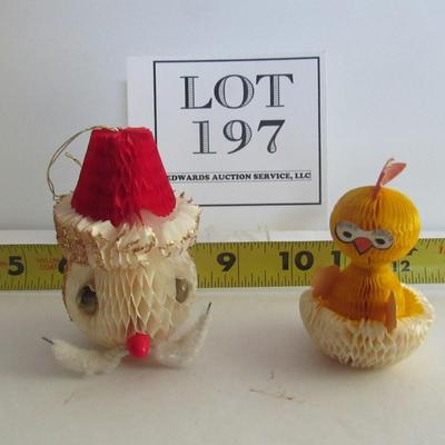 2 Vintage Honeycomb Items: Santa Head Ornament and Easter Chick