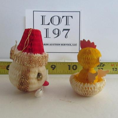2 Vintage Honeycomb Items: Santa Head Ornament and Easter Chick