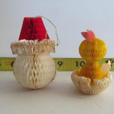 2 Vintage Honeycomb Items: Santa Head Ornament and Easter Chick