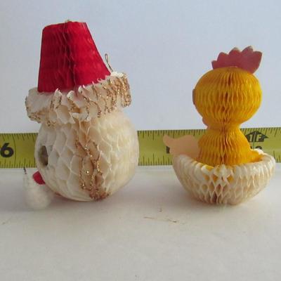 2 Vintage Honeycomb Items: Santa Head Ornament and Easter Chick