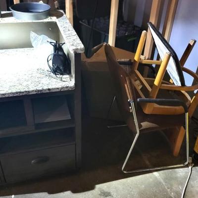 Counter, chairs, brackets and mop bucket