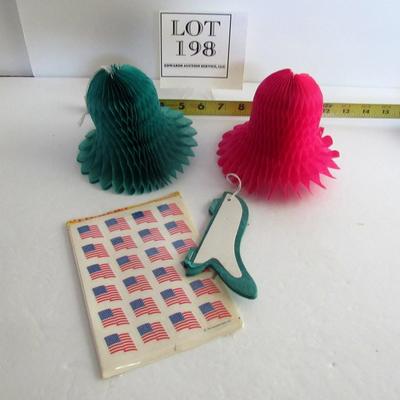 3 Tissue Honeycomb Bells and Unused Flag Stickers in Pack
