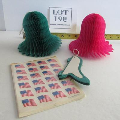 3 Tissue Honeycomb Bells and Unused Flag Stickers in Pack