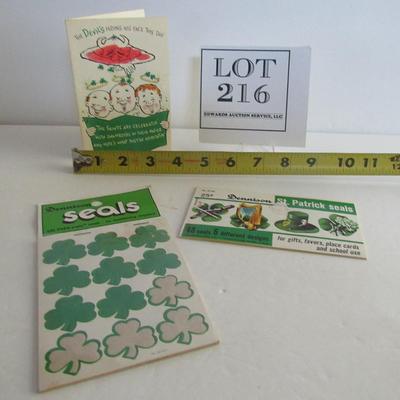 Vintage Dennison St Patricks Day Sticker Booklet, Shamrock Stickers and Old Unused St P Card