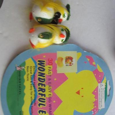 Lot of Tin Easter Baskets, Nice Metal Bell, Egg Wraps and Two Foam Chicks