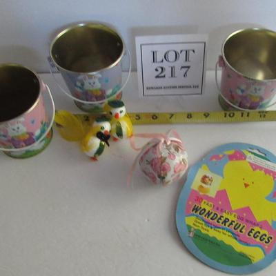 Lot of Tin Easter Baskets, Nice Metal Bell, Egg Wraps and Two Foam Chicks