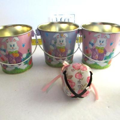 Lot of Tin Easter Baskets, Nice Metal Bell, Egg Wraps and Two Foam Chicks