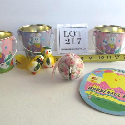 Lot of Tin Easter Baskets, Nice Metal Bell, Egg Wraps and Two Foam Chicks