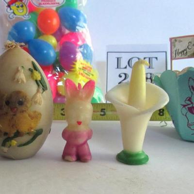 Lot of Vintage Easter Items: Gurley Candles, Cardboard Basket, Eggs