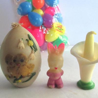 Lot of Vintage Easter Items: Gurley Candles, Cardboard Basket, Eggs