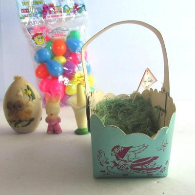 Lot of Vintage Easter Items: Gurley Candles, Cardboard Basket, Eggs
