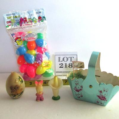 Lot of Vintage Easter Items: Gurley Candles, Cardboard Basket, Eggs