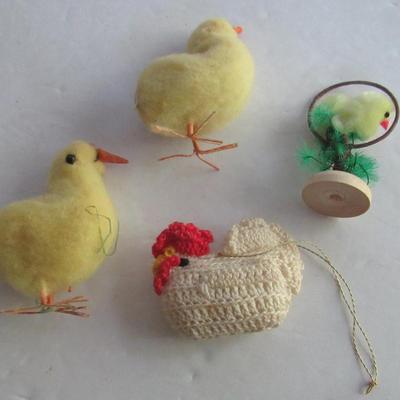Vintage Easter Lot: Cotton Chicks, Chenille Chick and Crochet Rooster