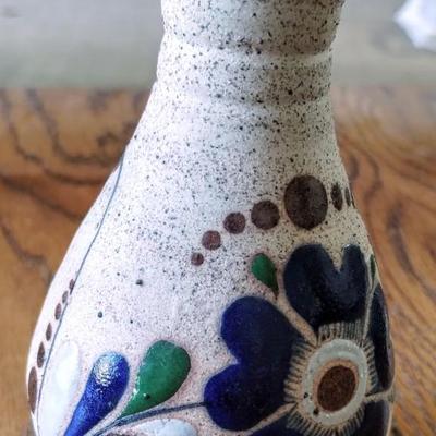 Mexican Tonala Folk Art Pottery Sandstone Vase Hand-Painted Blue Flower