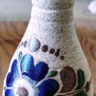 Mexican Tonala Folk Art Pottery Sandstone Vase Hand-Painted Blue Flower