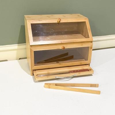 Double Layer Bamboo Bread Box w/Cutting Board ~ New