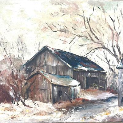 680 Original Oil Painting of Winter Barn Scene
