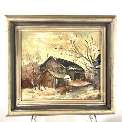 680 Original Oil Painting of Winter Barn Scene
