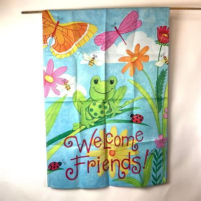 693 Welcome Friends Silk Screen Flag with Frog by Deb Strain