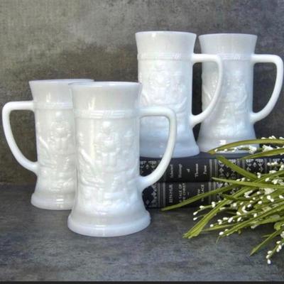Federal Glass Company Tankards, White Milk Glass, Steins.