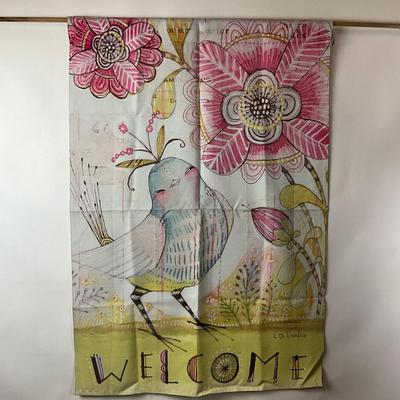 697 Welcome Floral Bird Silkscreen House Flag by Cori Cantini
