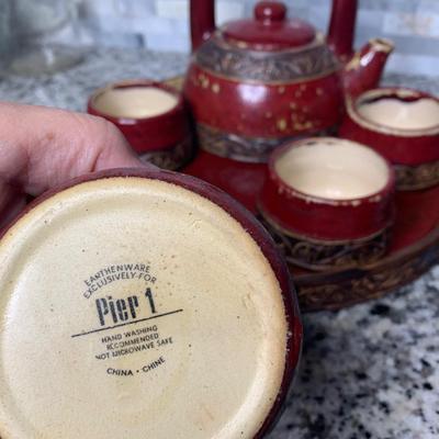 Vintage pier one 7 Pc Tea Set (4 Cups, Teapot & Tray) Shanghai