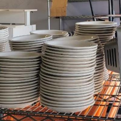 Stacks of plates & Cuisinart Brick Oven