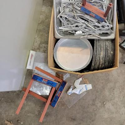 File Cabinet, crab pliers, tongs, pizza pans, coffee pots