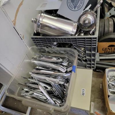 File Cabinet, crab pliers, tongs, pizza pans, coffee pots