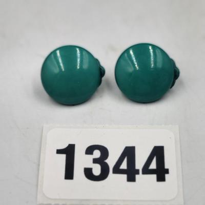 Green Button Clip On Earrings