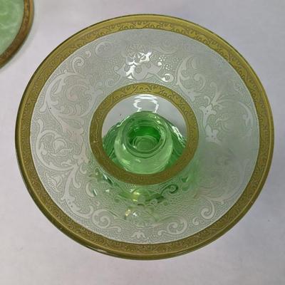 Uranium Glass Floral Depression Glass Candlestick Holders