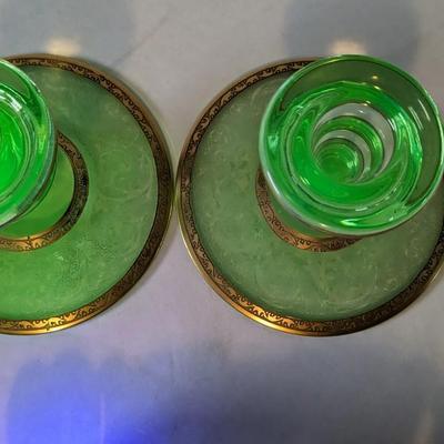 Uranium Glass Floral Depression Glass Candlestick Holders
