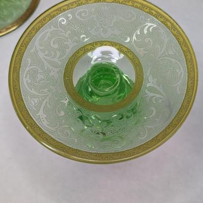 Uranium Glass Floral Depression Glass Candlestick Holders