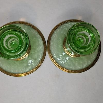 Uranium Glass Floral Depression Glass Candlestick Holders
