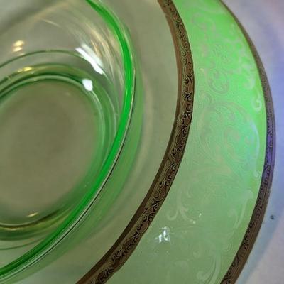 Uranium Glass Rolled Edge Floral Depression Glass Console