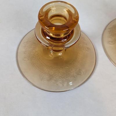 Fostoria Glass Vesper Amber Candle Stick Holders