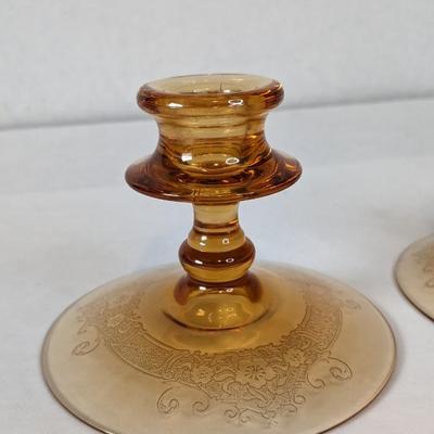 Fostoria Glass Vesper Amber Candle Stick Holders
