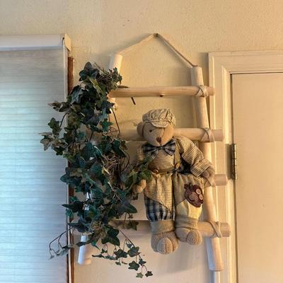 BRASS CANDLE SCONCE, TEDDY BEAR AND CLOCK WALL HANGINGS