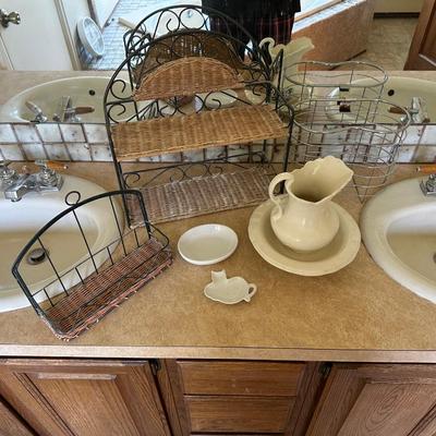 WICKER WALL SHELVES, SMALL PITCHER AND BOWL