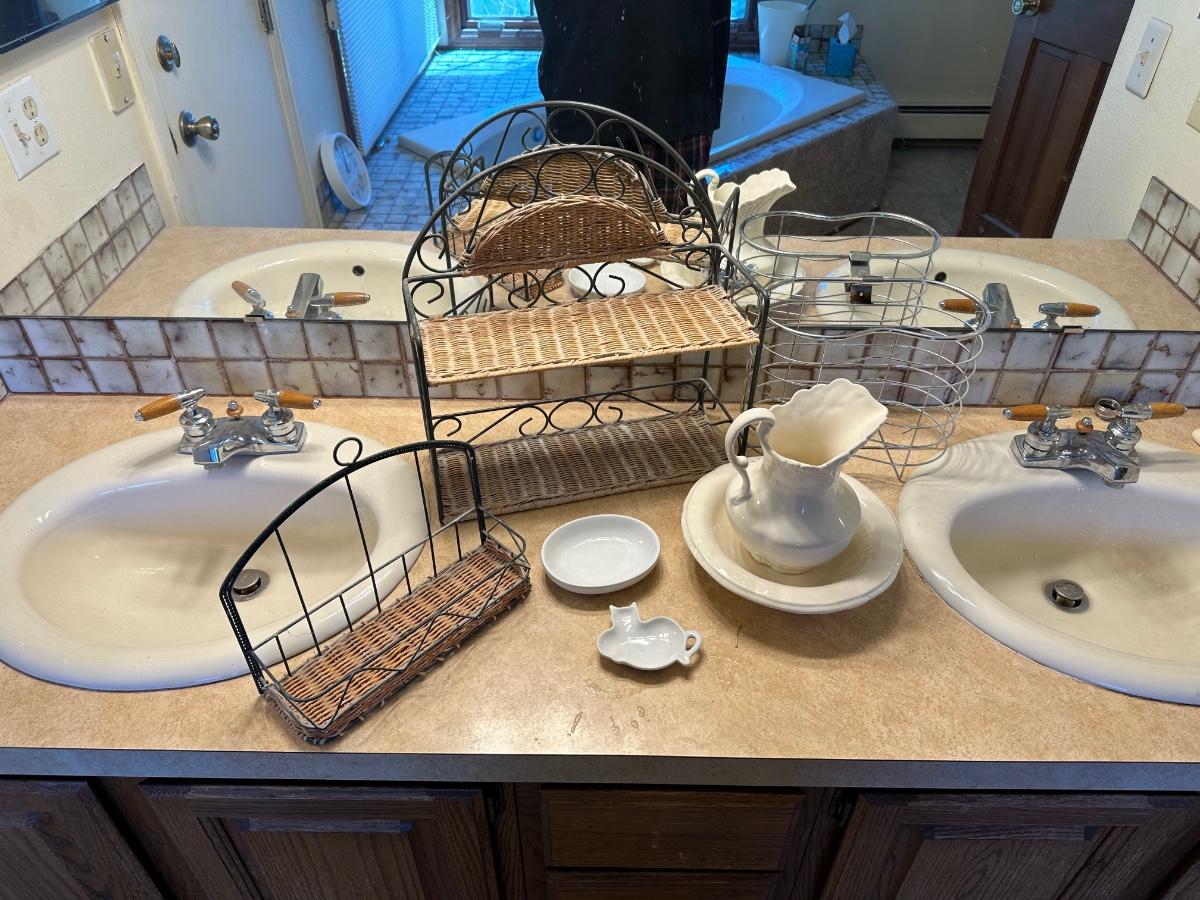 WICKER WALL SHELVES, SMALL PITCHER AND BOWL