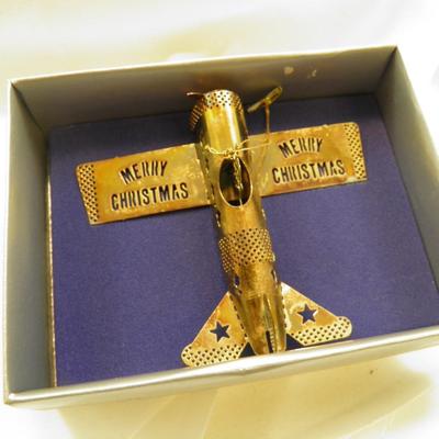 18K Gold Plated Brass Plane Christmas Ornament w/ Box