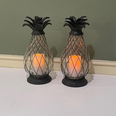 Pair (2) ~ Cast Iron & Glass Pineapple Lighted Lanterns