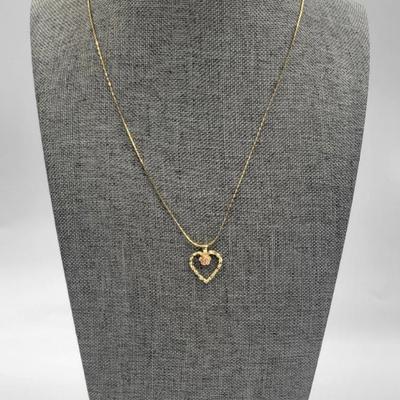 Gold Toned Necklace with Heart and Pink Rose Pendant