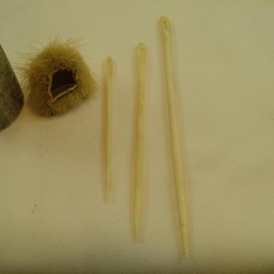 Carved Caribou Needles w/ Seal Skin Thimble 6"